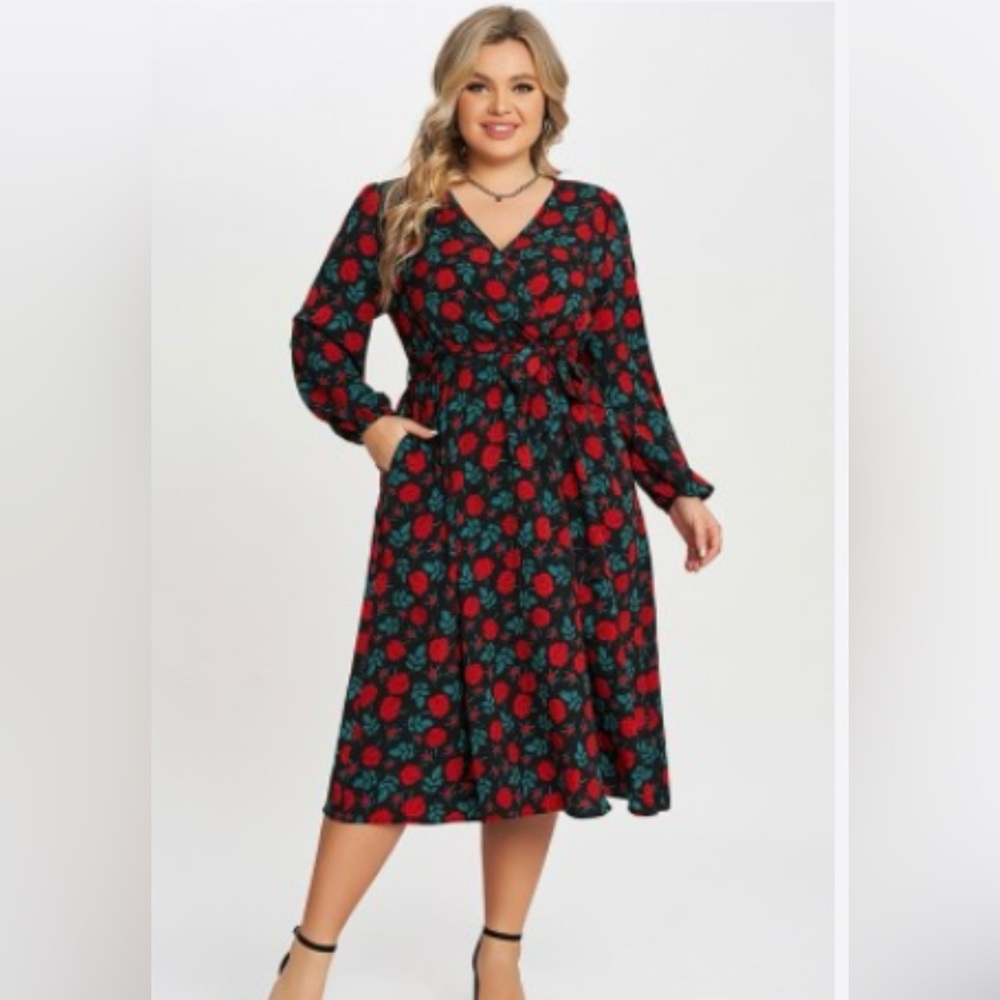 Rose pattern NWT Meet curve long sleeve dress. With tie belt